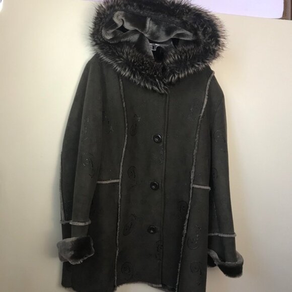 PIZAZZ  Vintage Y2K Faux Fur Shearling Hood Paisley Coat Jacket Cozy Fur Lined L - Picture 2 of 16